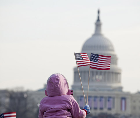 The inauguration of President Barack Obama, January 20th 2009. Unrecognizable crowds in the Washington Mall.